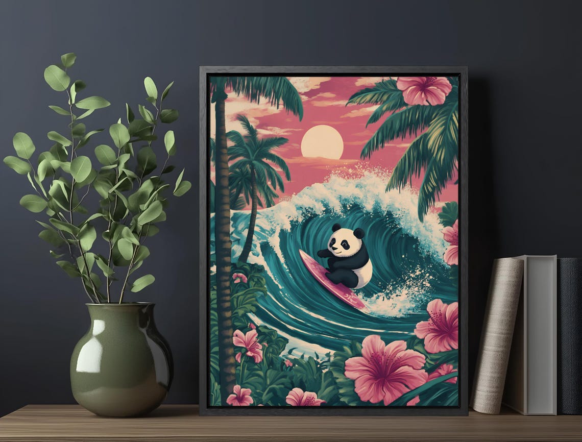 Surfing Panda Tropical Wave Pink Sunset Palm Tree Fun Poster - Image 5