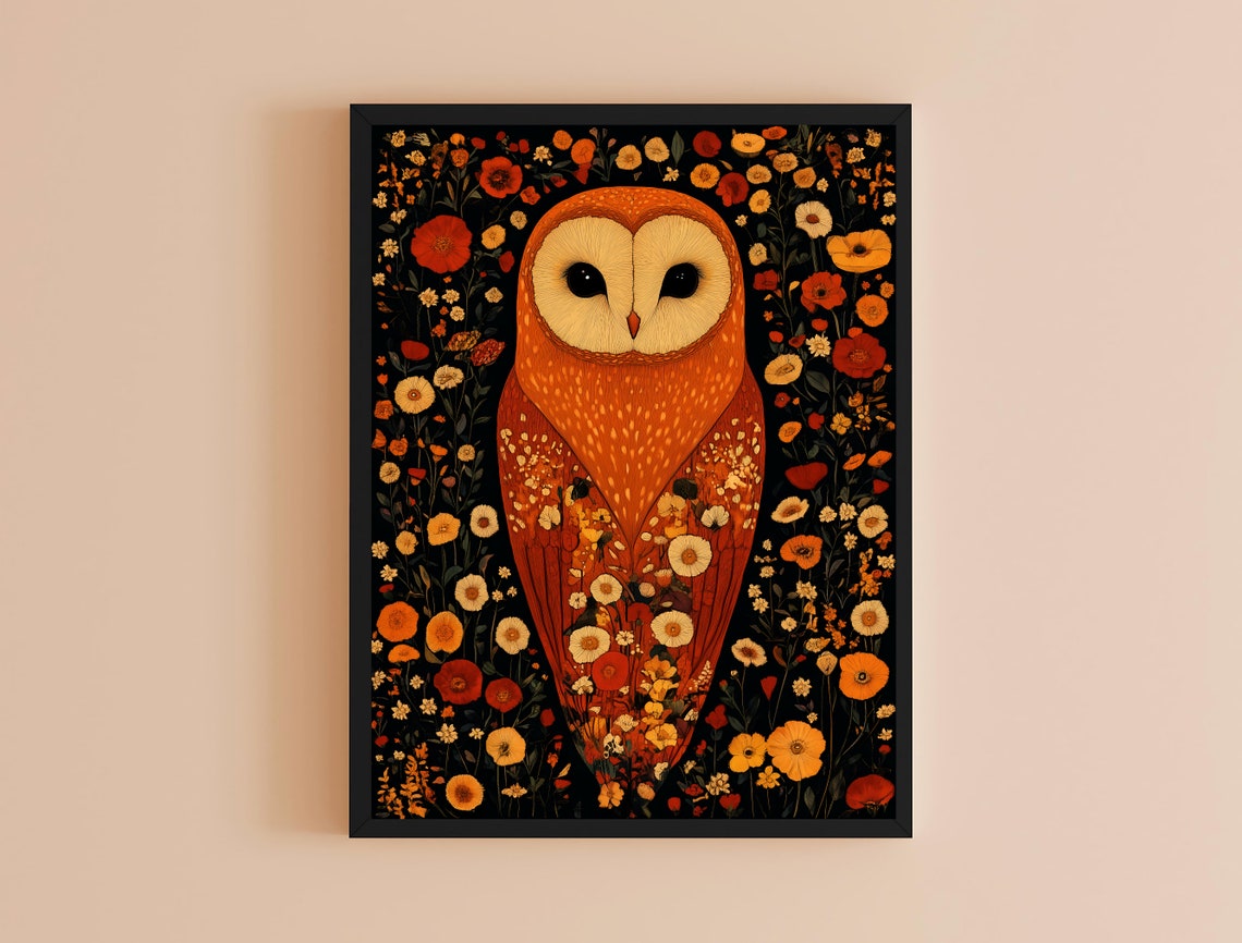 Barn Owl Autumn Wildflowers Dark Botanical Vintage Animal Art Poster