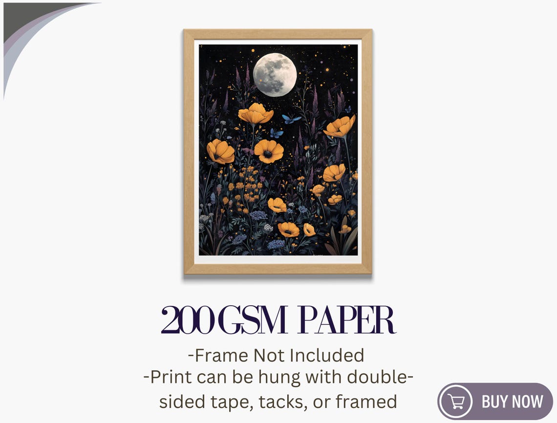 Full Moon Golden Poppies Night Meadow Fireflies Moody Wall Art Print - Image 5