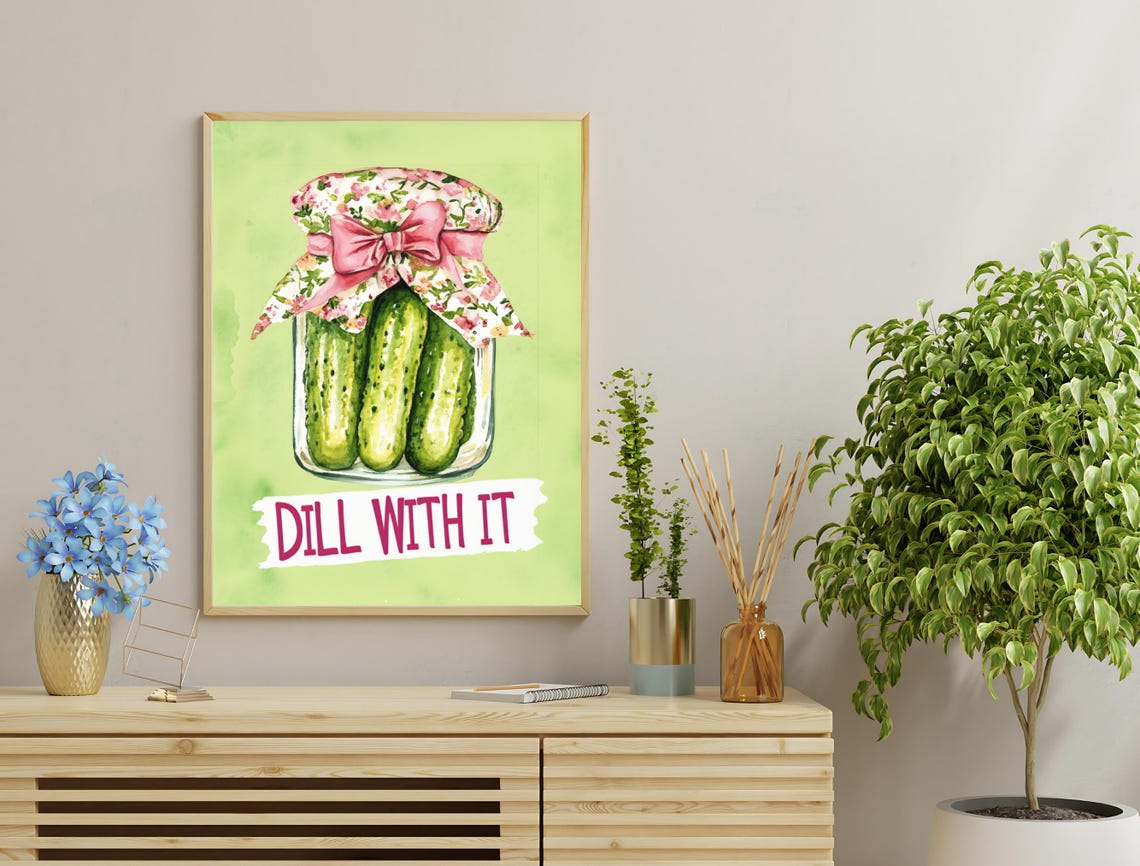 Dill With It Pickle Jar Green Background Funny Foodie Poster - Image 3