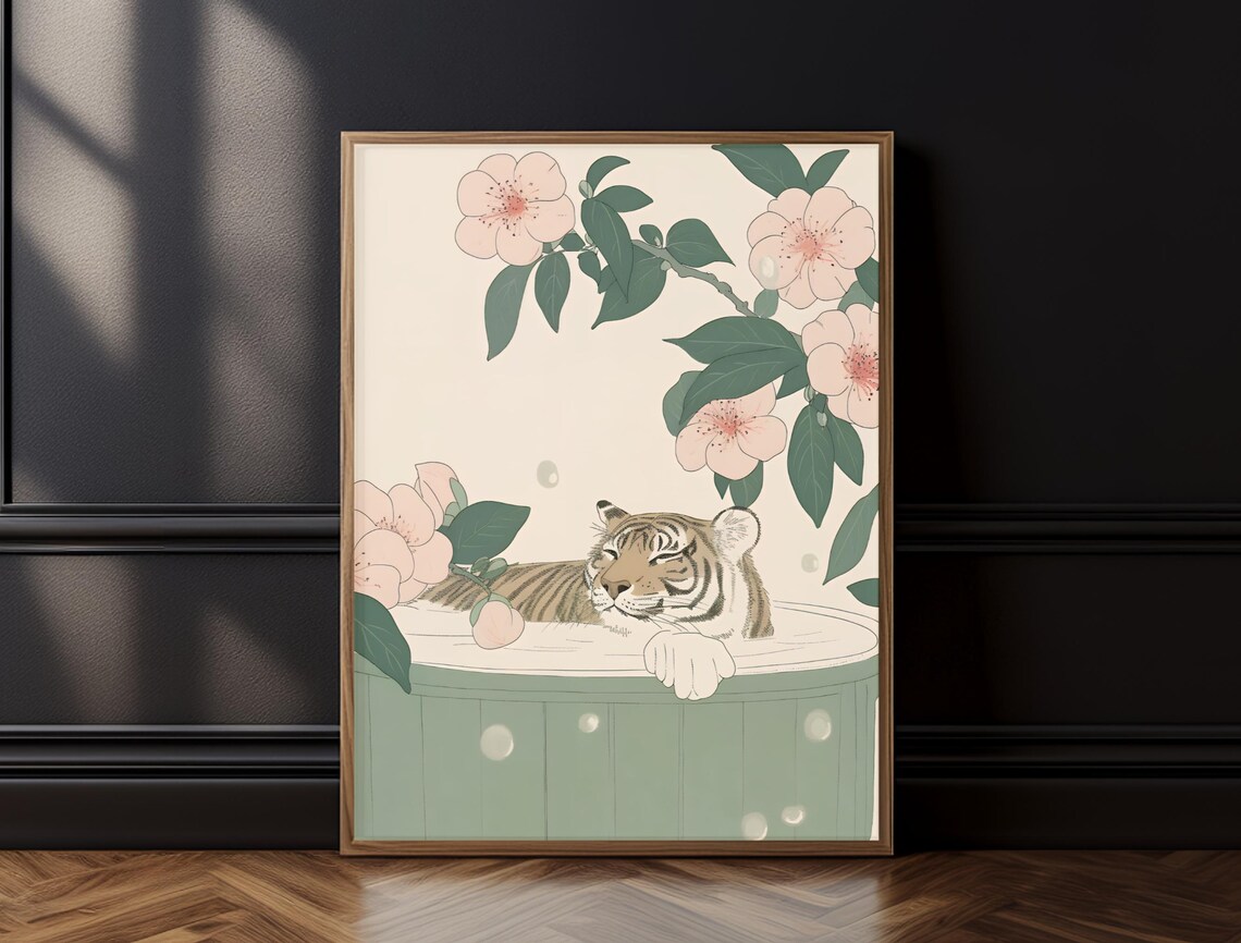 Sleepy Tiger Cub Bathing Cherry Blossoms Minimalist Japanese Wall Art