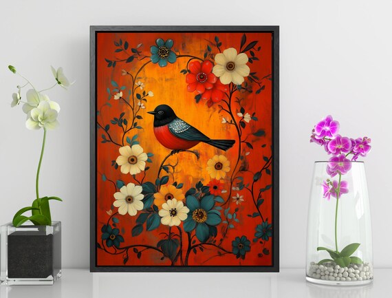 Moody Maximalist Vintage Print Large Bird Wall Hanging Wall Art For Living Room Mid Century Decor