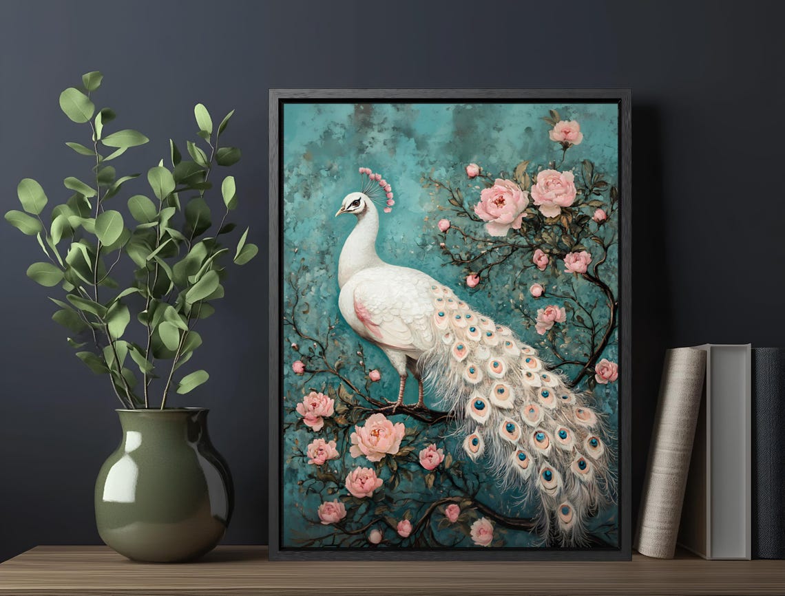 White Peacock Among Pink Roses Teal Chinoiserie Style Wall Art Print - Image 6