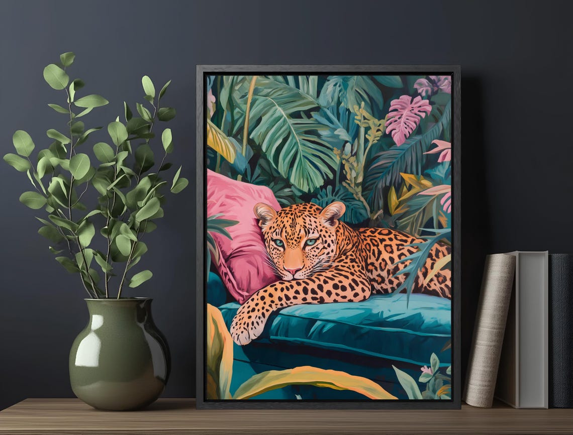 Leopard Teal Sofa Pink Cushion Jungle Leaves Maximalist Cat Art Poster - Image 6