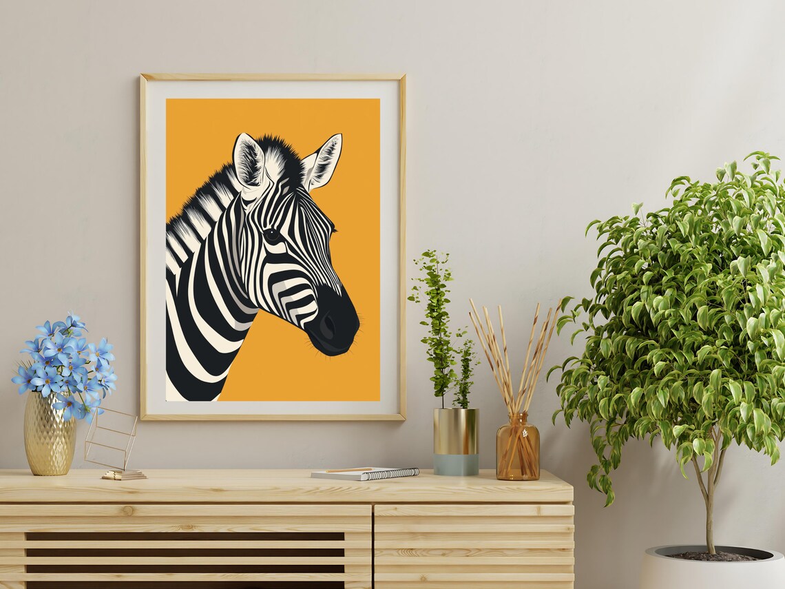Retro Zebra Head Mustard Yellow Background Bold Whimsical Wall Art Poster - Image 3