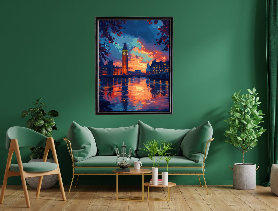 London Big Ben Sunset Thames River Painting England Travel Art Poster - Image 2