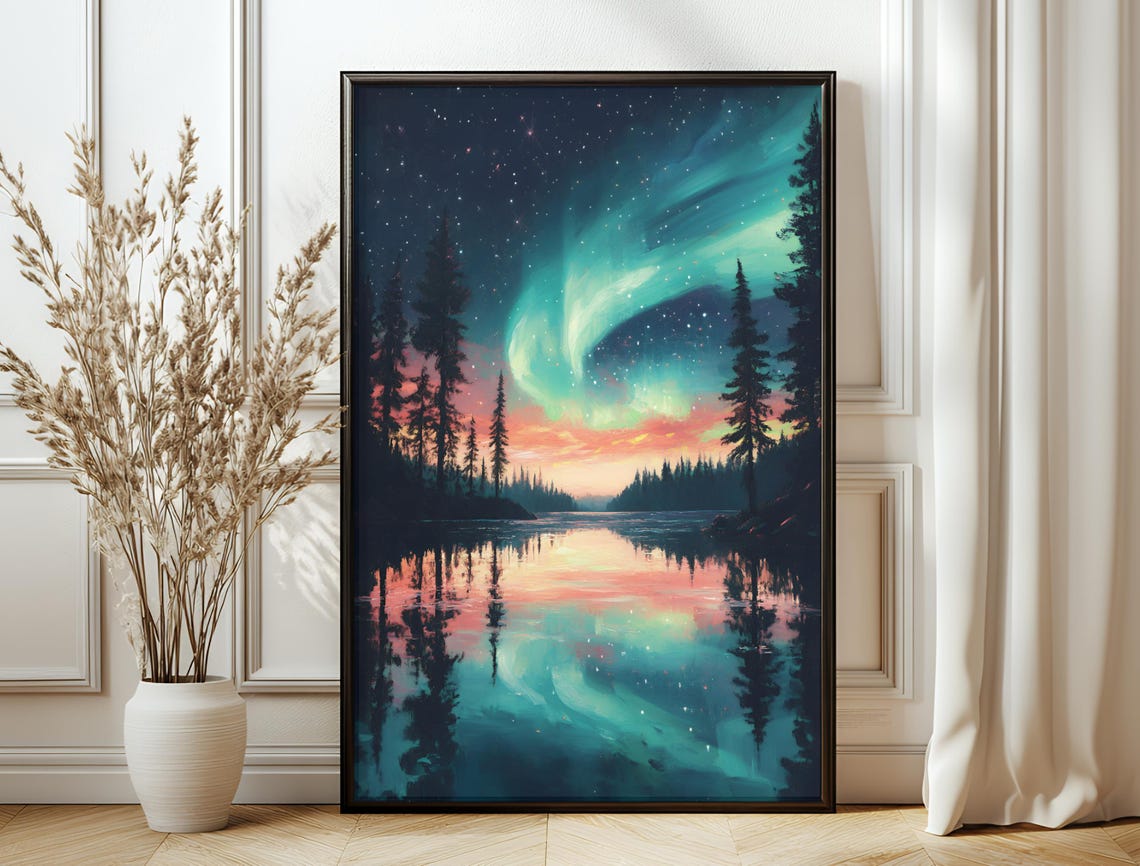 Aurora Borealis Teal Night Sky Sunset Lake Reflection Stars Print