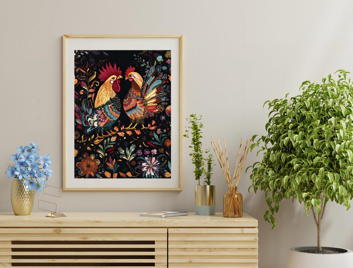 Two Colorful Roosters Folk Art Floral Dark Background Farm Print - Image 3