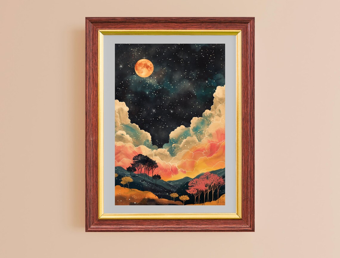 Full Moon Starry Night Sky Colorful Clouds Over Hills Dreamy Night Art Print