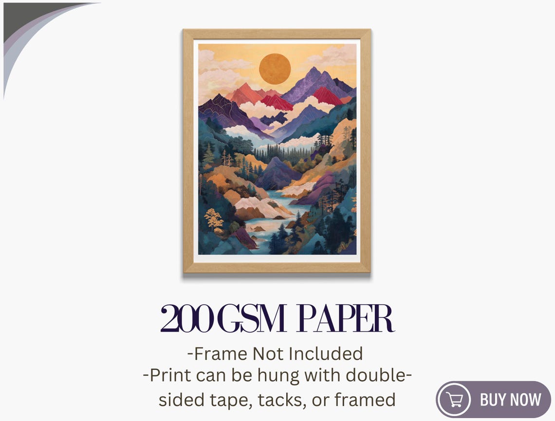 Japanese Mountain Peaks Golden Sun Misty River Landscape Art Poster - Image 5