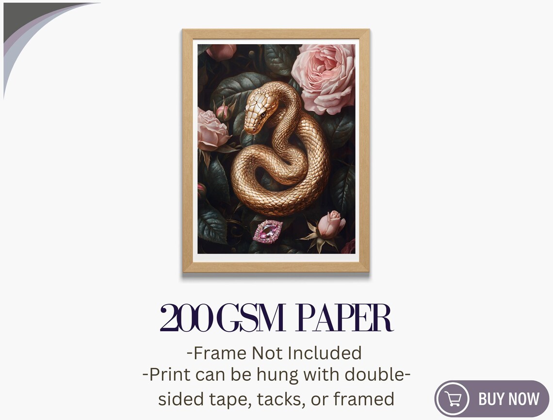 Golden Snake Pink Roses Gemstone Dark Moody Botanical Wall Art Print - Image 5