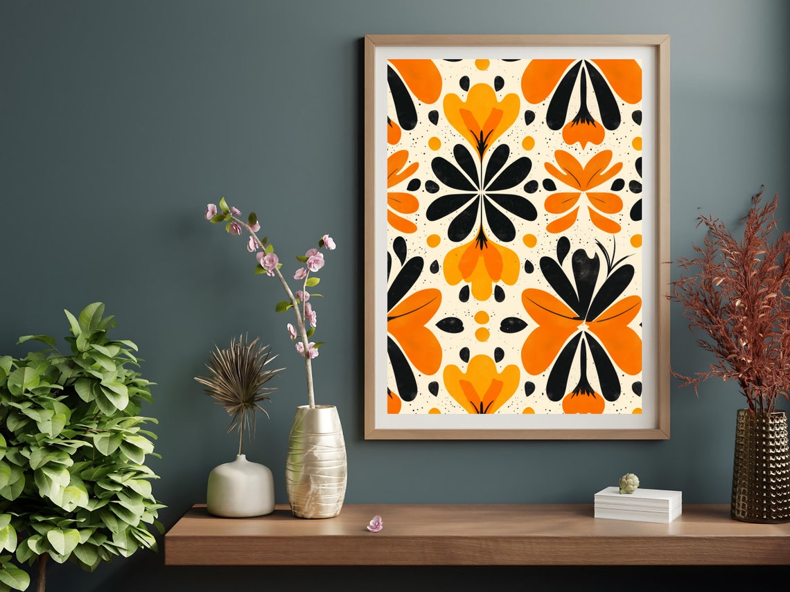 Mid Century Boho Floral Orange Black Abstract Botanical Wall Art - Image 5