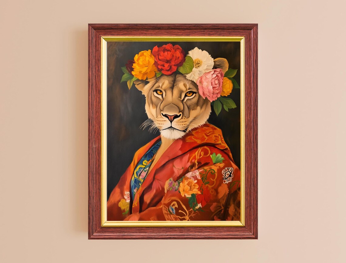 Lioness Red Kimono Robe Flower Crown Regal Portrait Art Poster