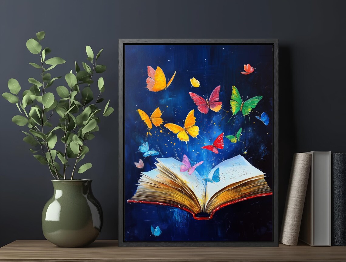 Open Book With Colorful Butterflies Flying Dark Blue Magic Reading Wall Art - Image 6