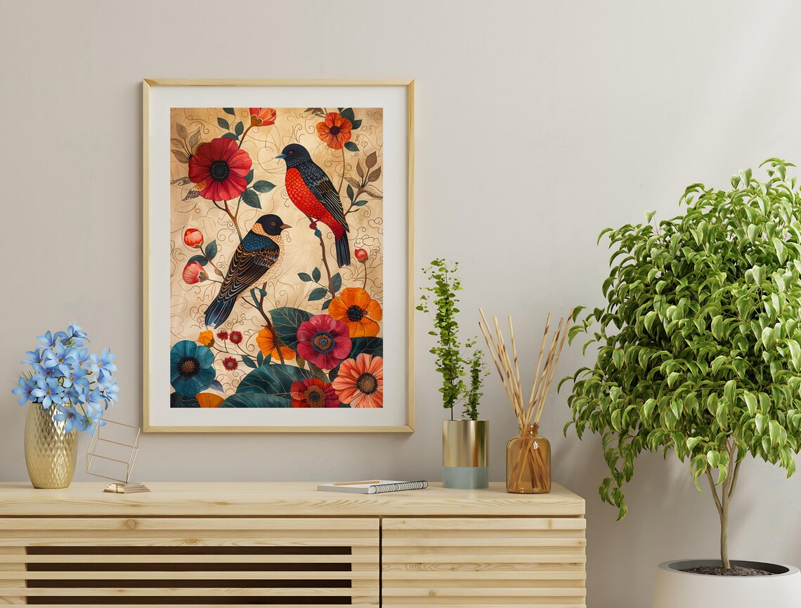 Two Songbirds Floral Illustration Art Nouveau Vintage Bird Wall Poster - Image 3