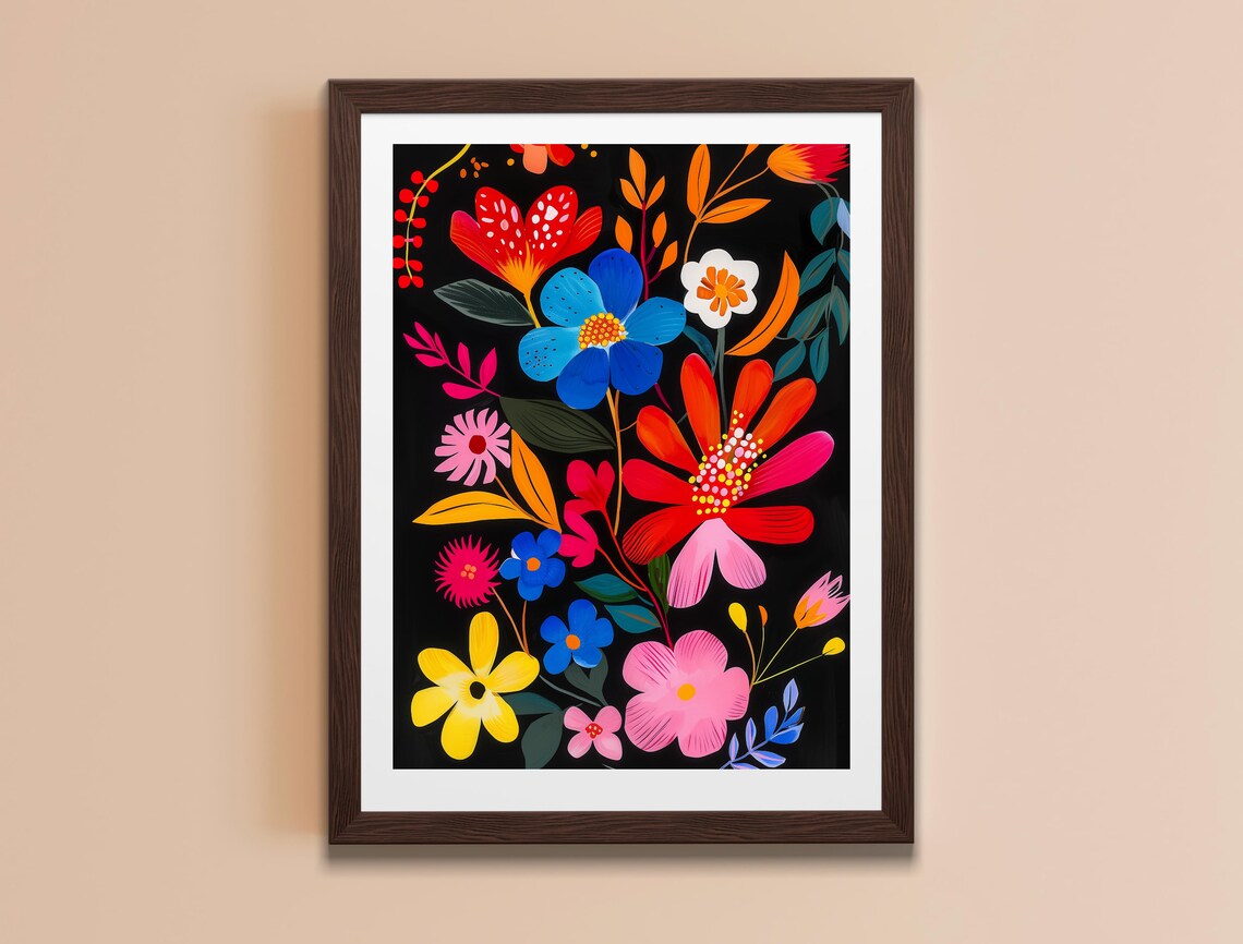 Modern Folk Floral Art Bright Flowers Black Background Maximalist Poster - Image 6