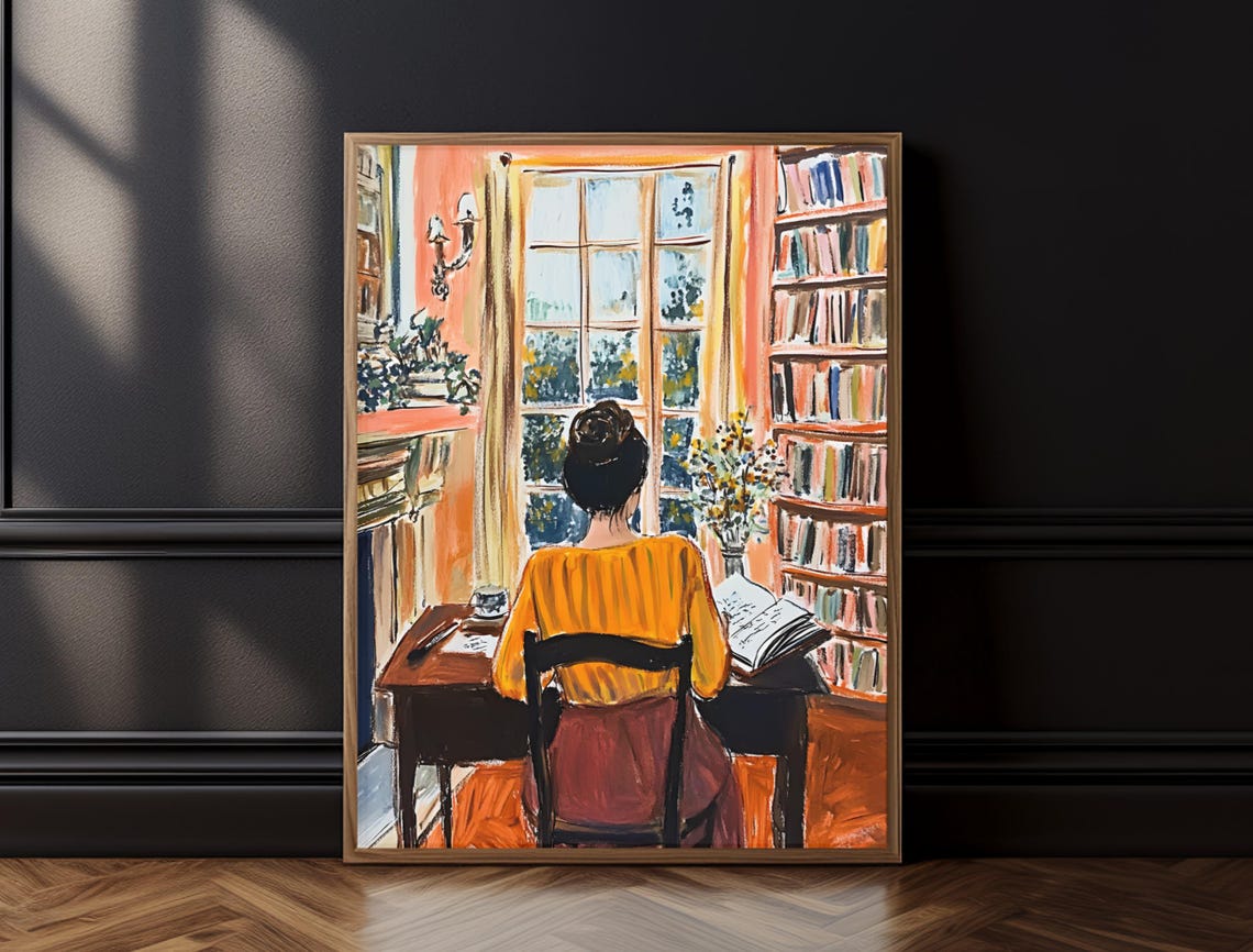 Cozy Library Reading Woman Orange Interior Book Lover Wall Poster