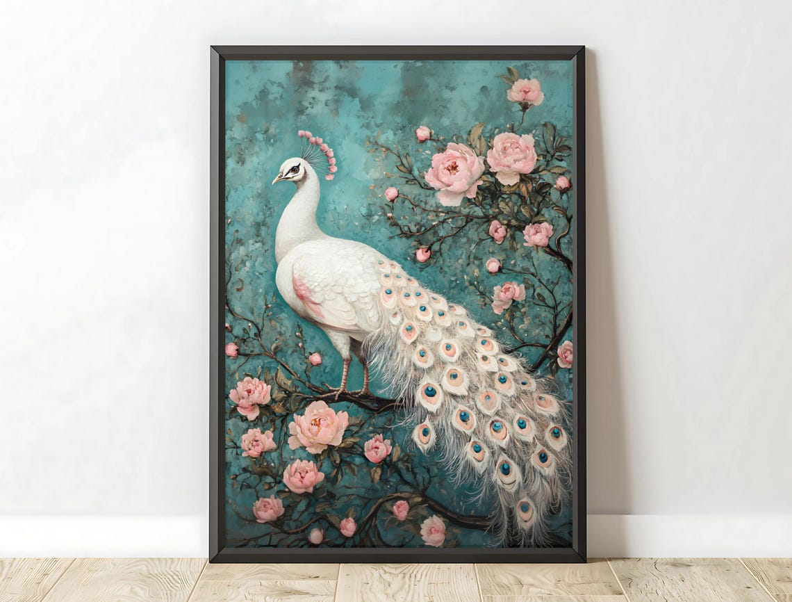 White Peacock Among Pink Roses Teal Chinoiserie Style Wall Art Print