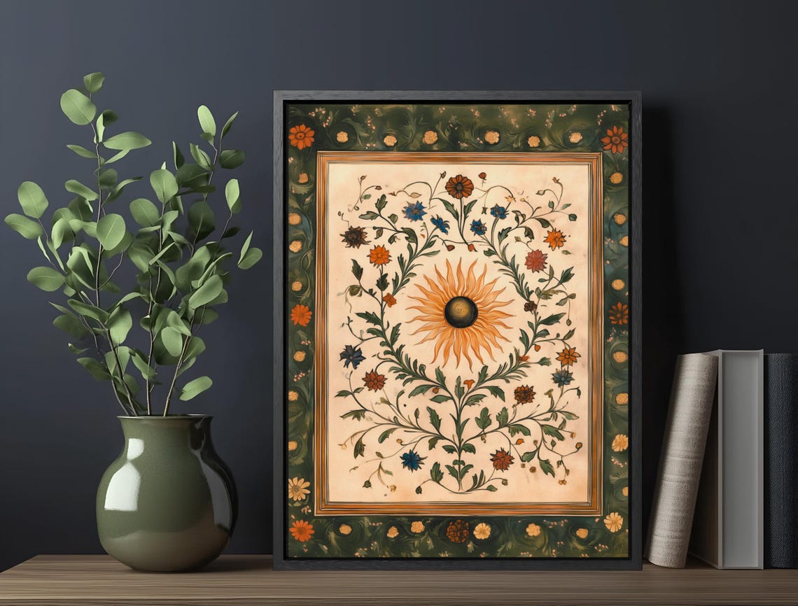 Vintage Sun Medallion Botanical Print Earth Tone Celestial Wall Art