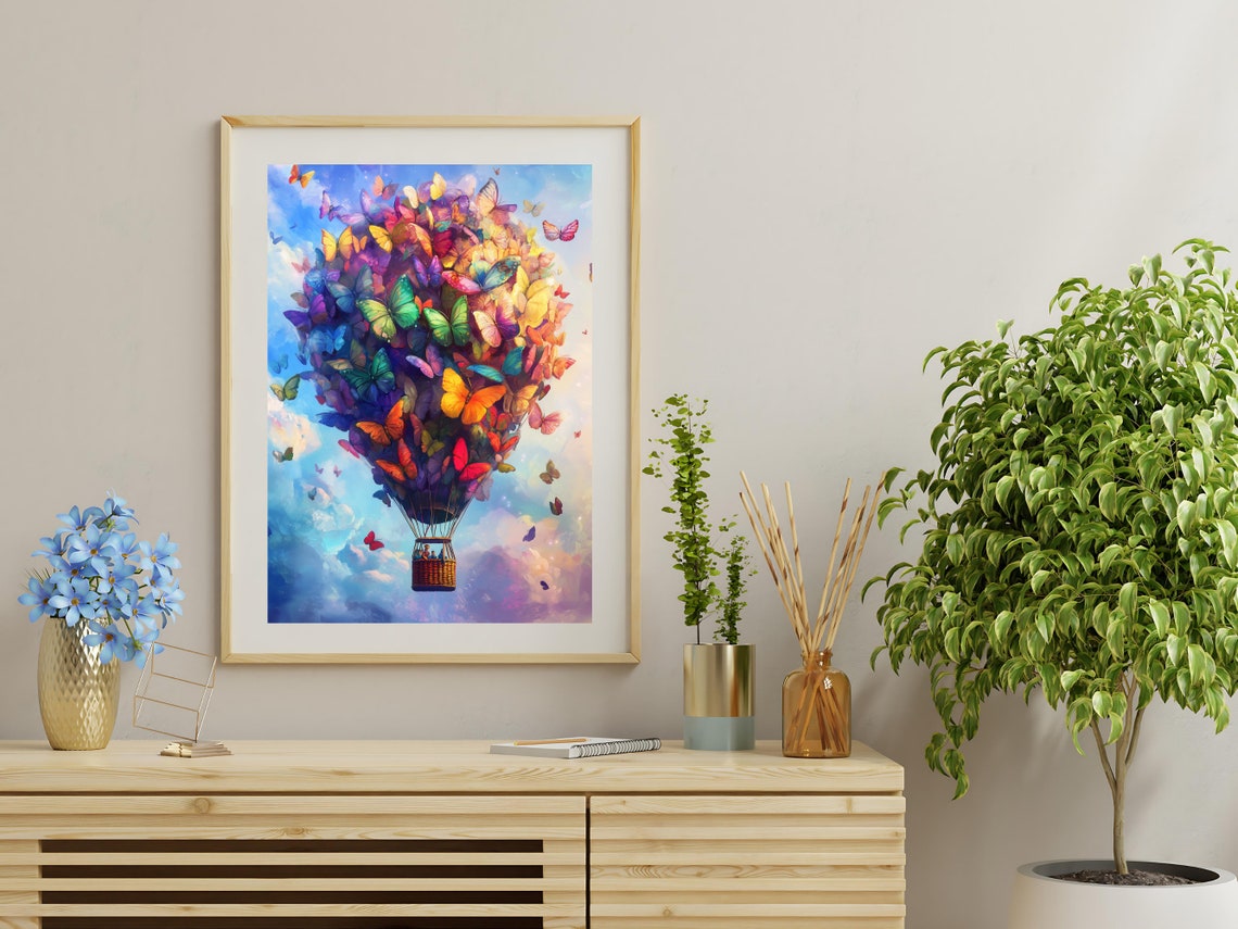 Butterfly Hot Air Balloon Pastel Sky Whimsical Fantasy Wall Art - Image 3
