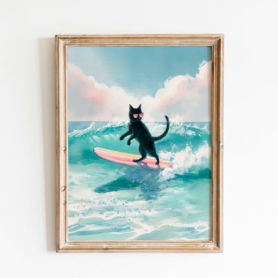 Whimsical Black Cat Surfboard Art Print Funny Beach Decor