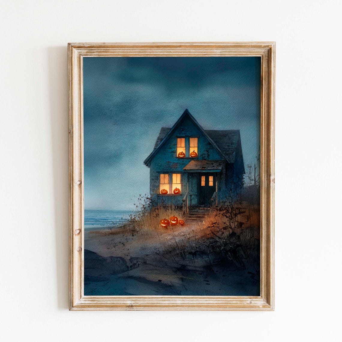 Haunted Beach Cottage At Night Glowing Jack Lanterns Art Poster