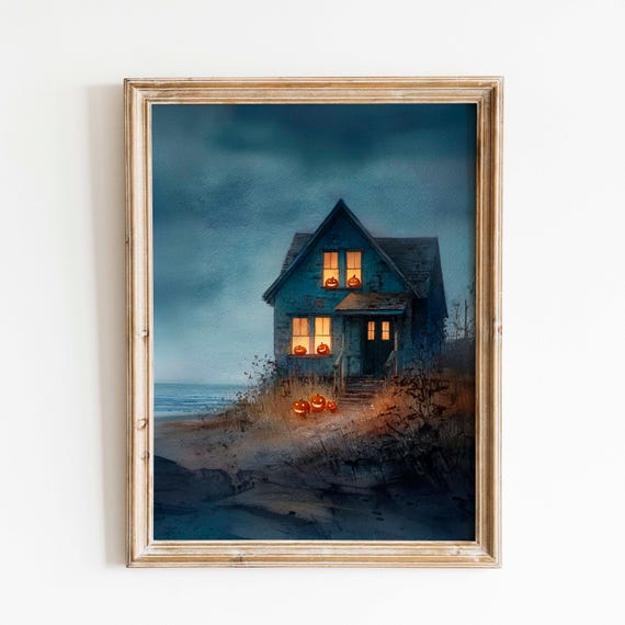 Watercolor Haunted Beach Cottage Print Coastal Halloween With Glowing Jack O Lanterns