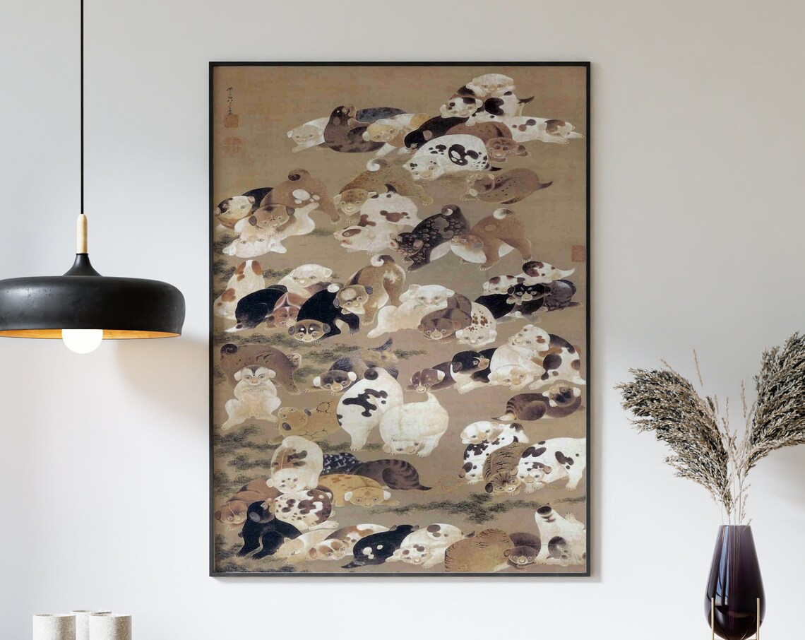 Japanese Hundred Dogs Playful Puppy Circle Classical Art Poster - Image 3