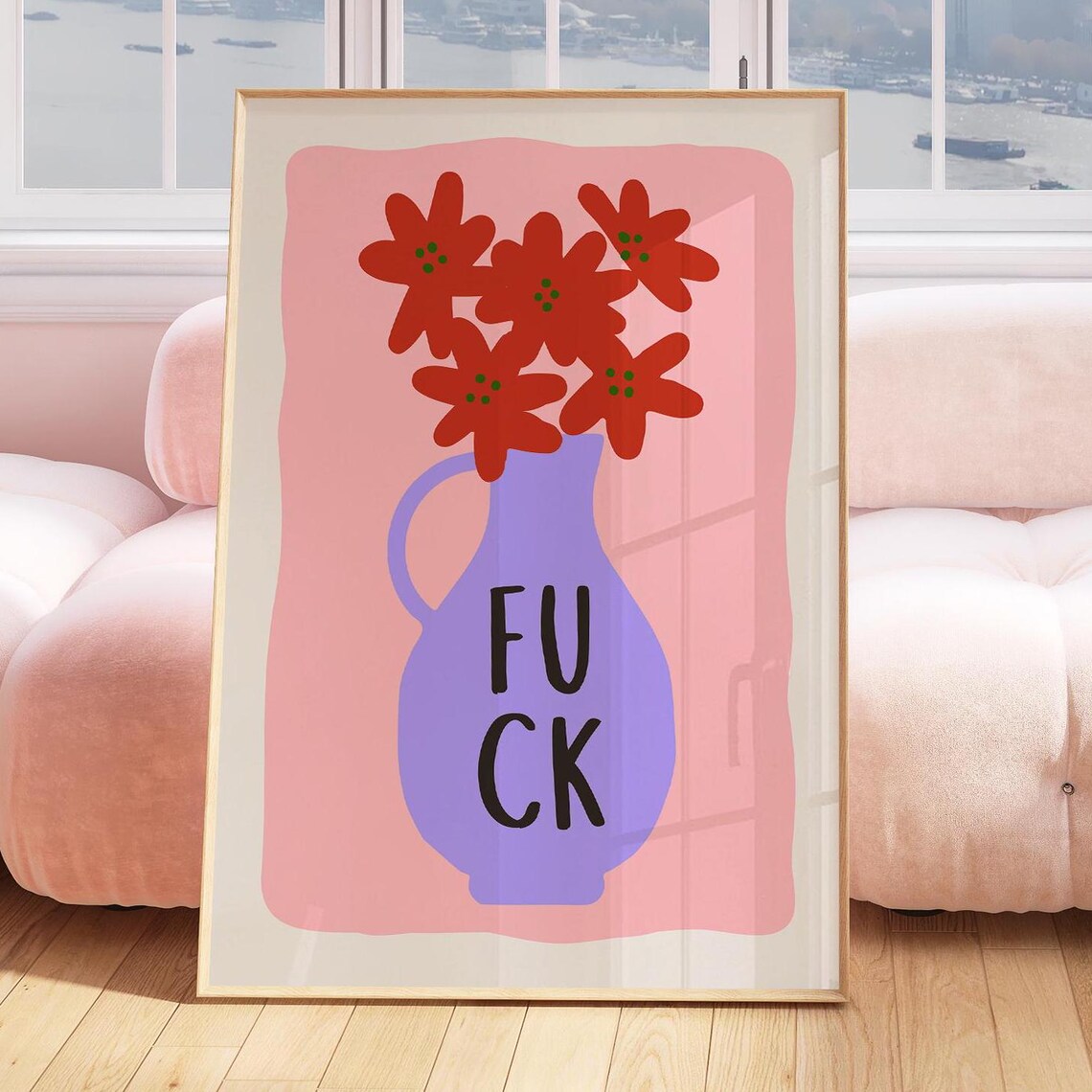 Red Flowers Purple Vase Cheeky Funny Floral Pink Bedroom Poster