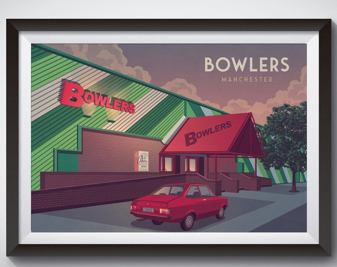 Bowlers Manchester 90s Rave Venue Retro Nightclub Building Poster