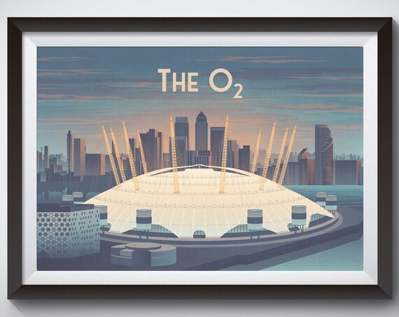The O2 London Vintage Travel Poster, Greenwich Dome Sunset Skyline Art