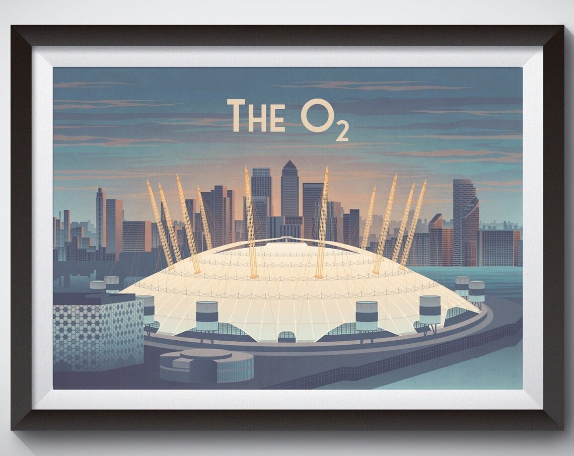 The O2 London Vintage Travel Poster, Greenwich Dome Sunset Skyline Art