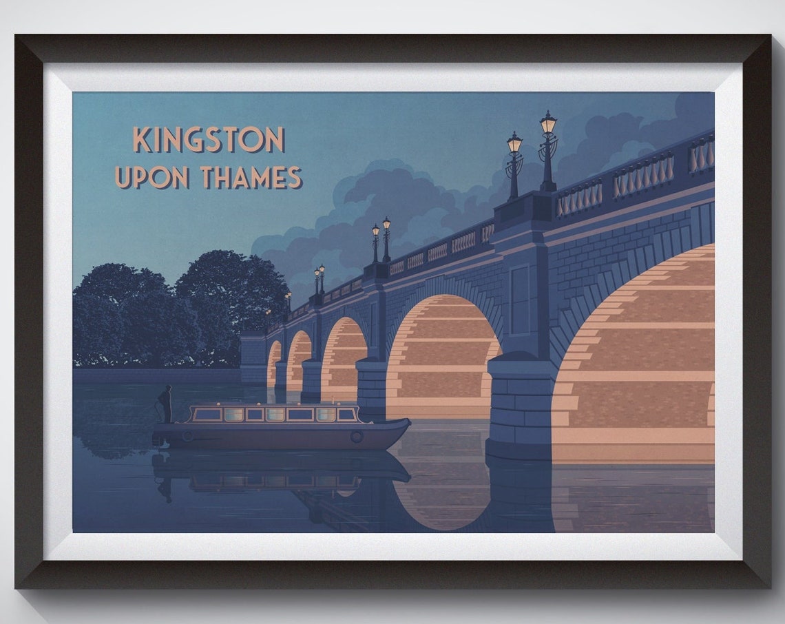Kingston Upon Thames Bridge Dusk Narrowboat River Travel Poster