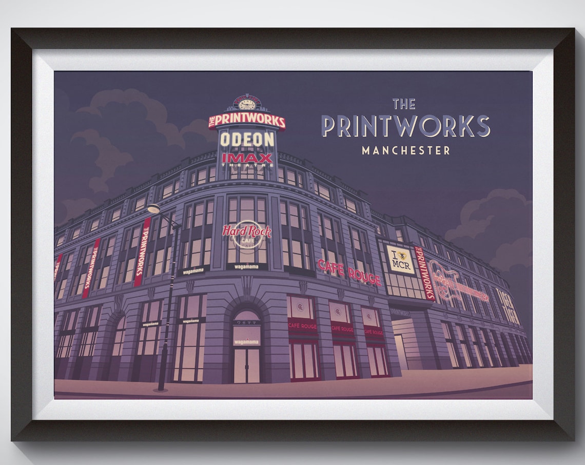 Manchester Travel Poster, Odeon Cinema and Hacienda