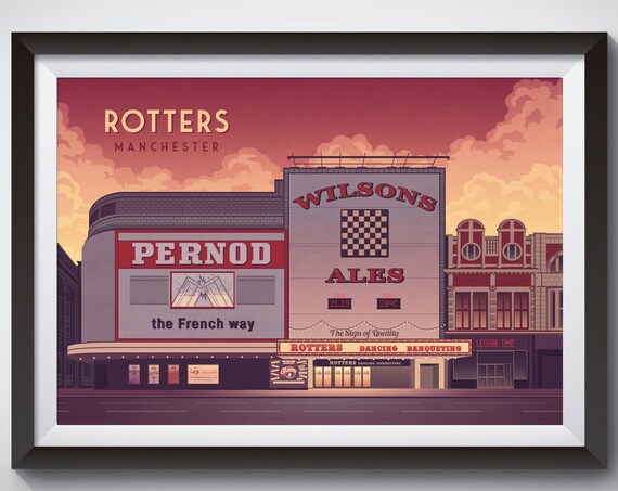 Rotters Manchester Nightclub Retro Neon Street Art Travel Poster