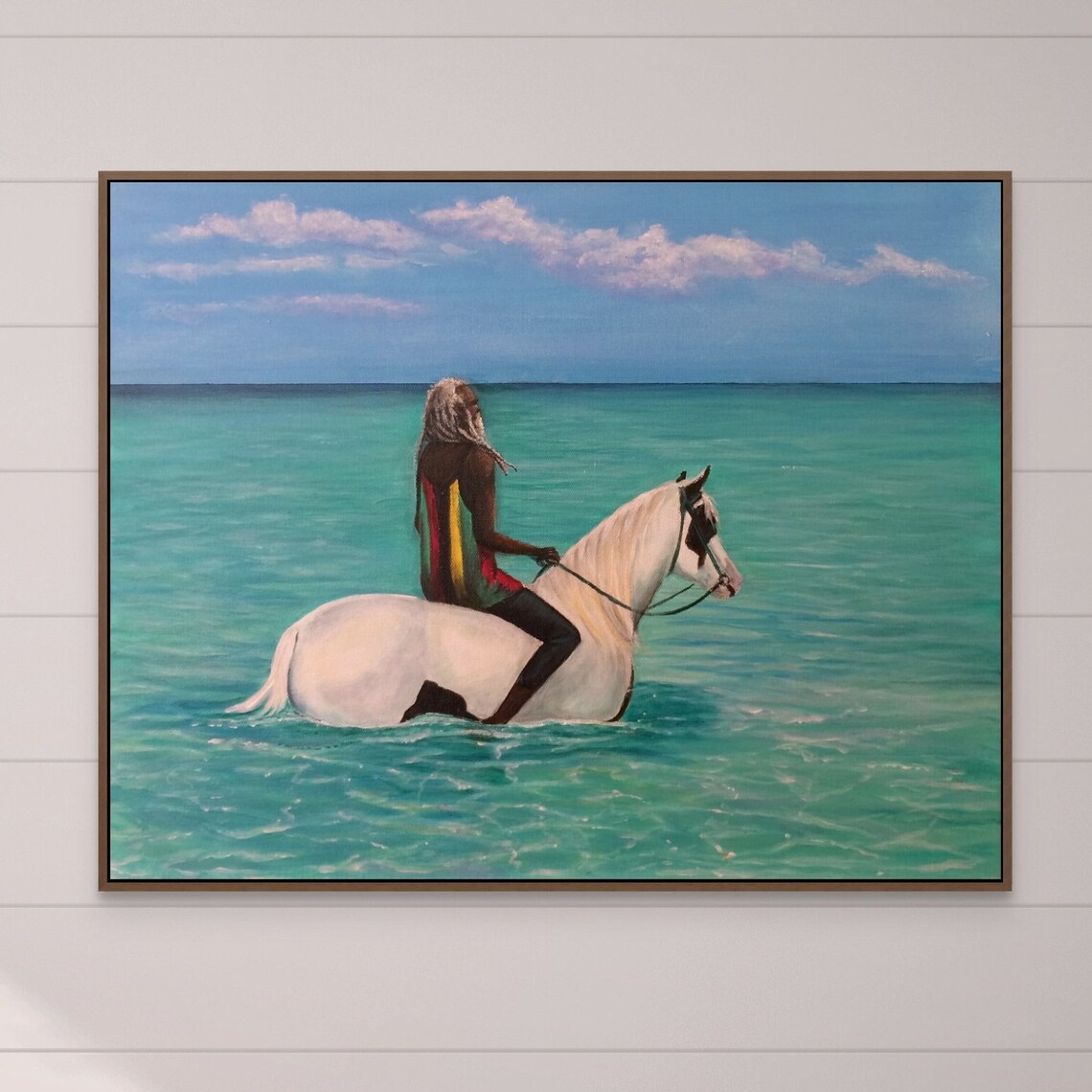 Woman Riding White Horse Turquoise Ocean Shallow Sea Beach Poster