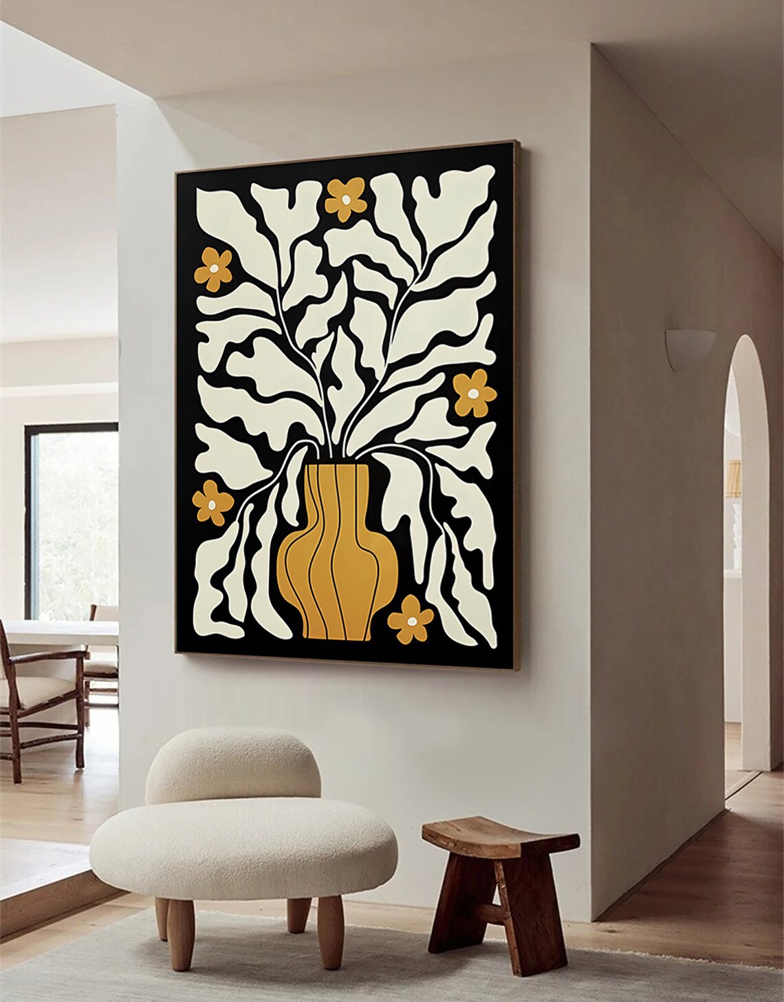 Bold Black Botanical Art With Cream Leaves and Mustard Vase Poster - Image 3