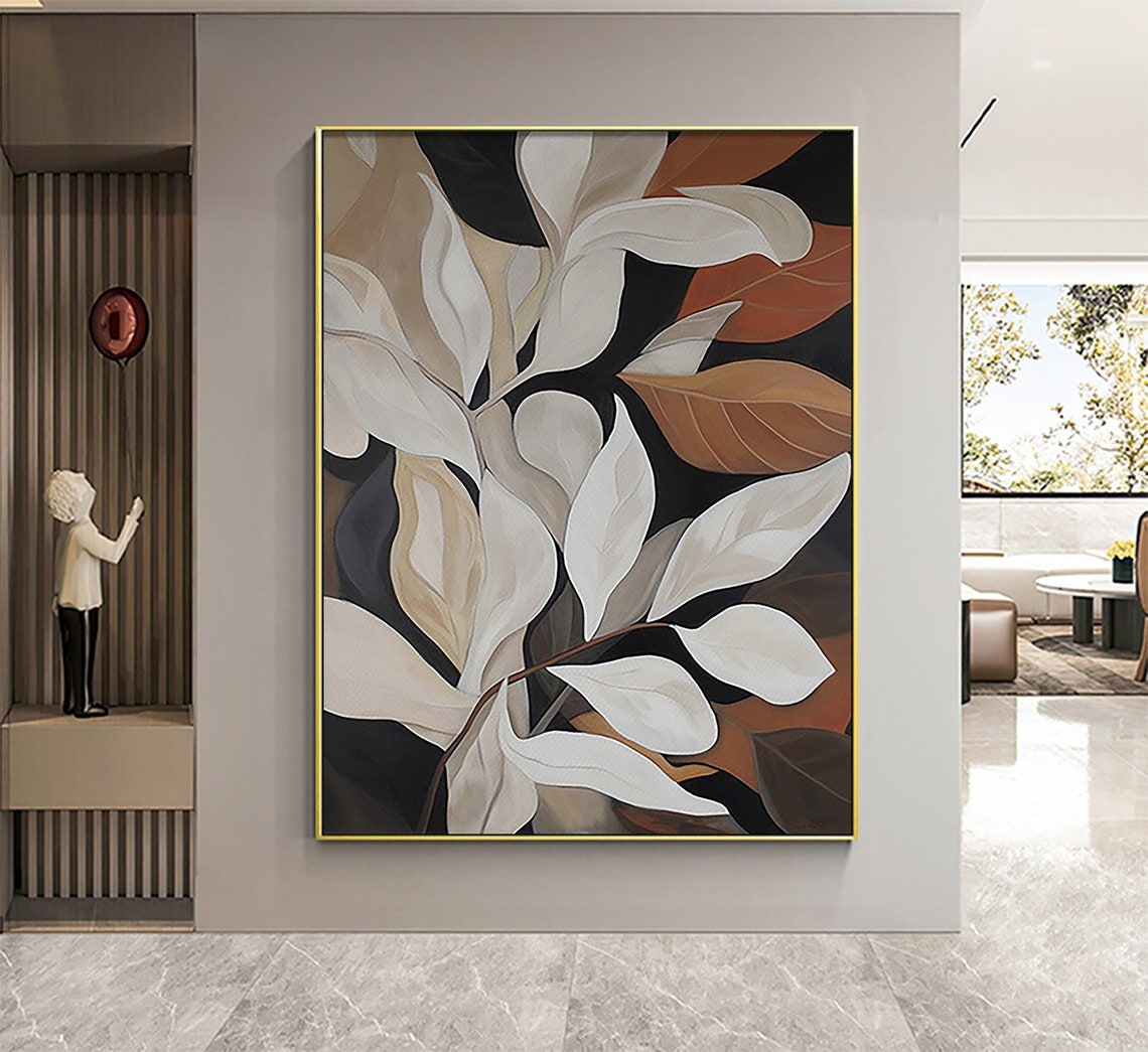 Ivory and Copper Leaves on Black Dark Botanical Painting Poster - Image 3