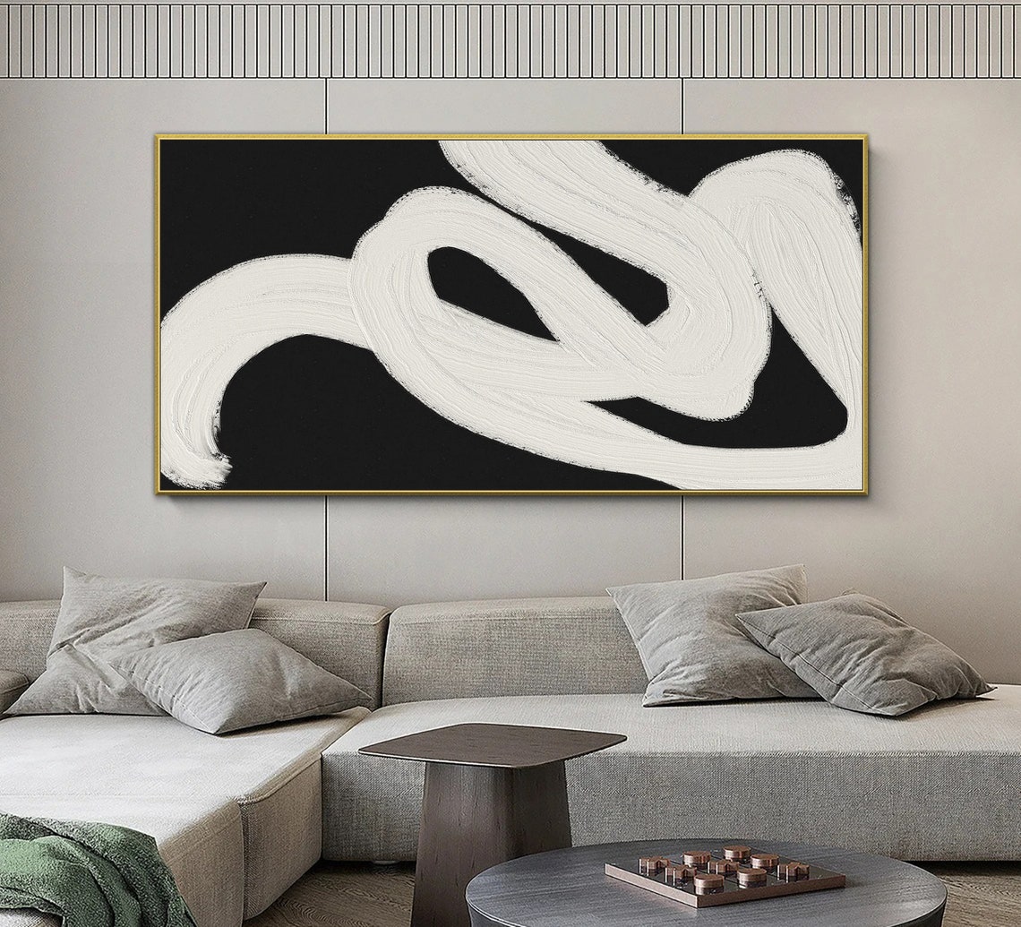 White Ribbon Swirl On Black Bold Abstract Modern Gallery Art Poster - Image 2