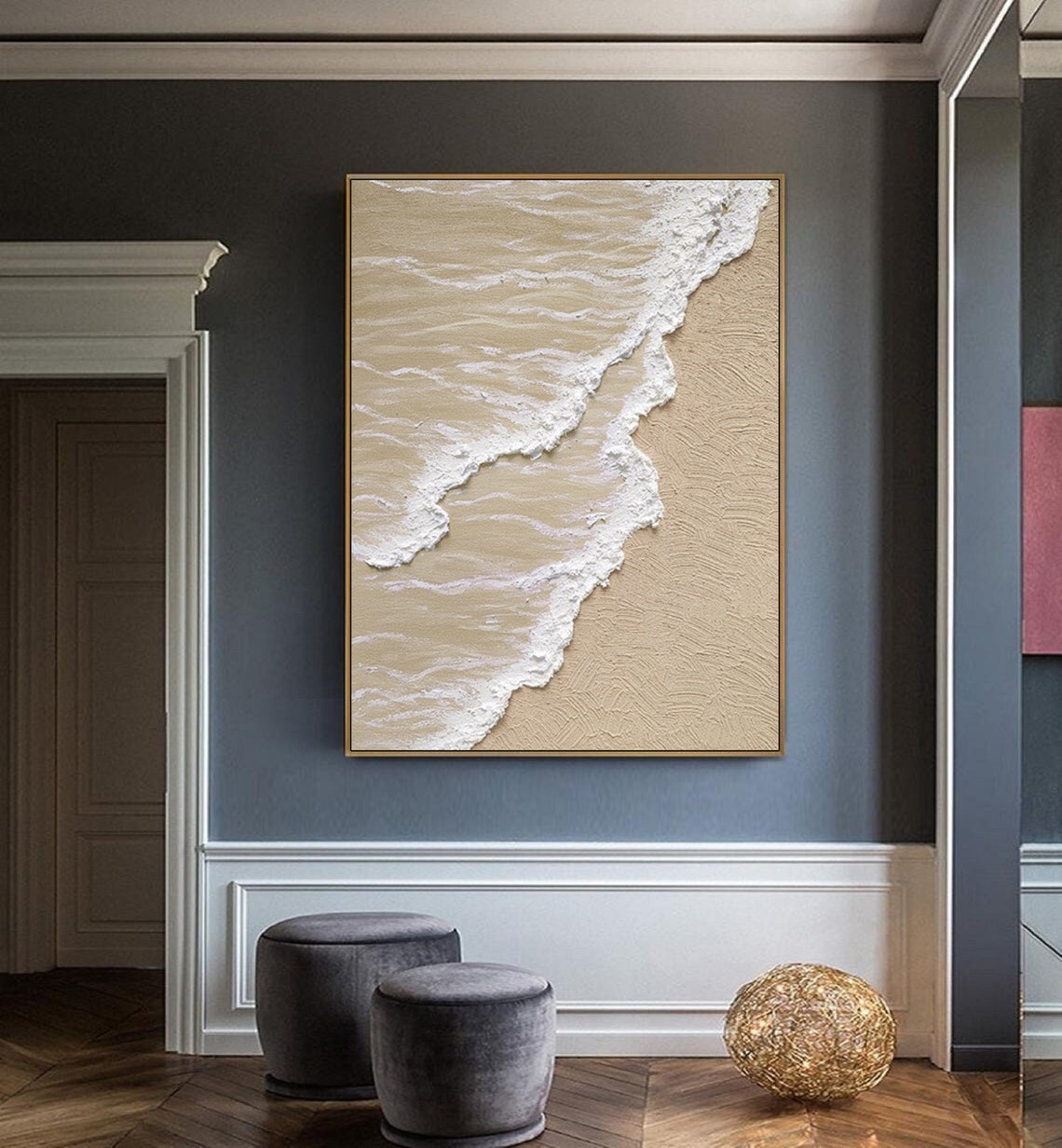Beige Sand Beach Aerial with White Foam Waves Textured Ocean Poster - Image 4