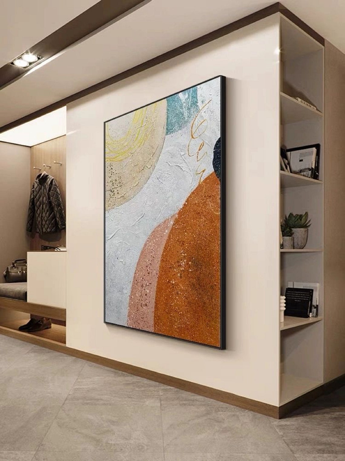 Golden Sun Curve Orange Rust Teal Textured Abstract Art Poster - Image 3