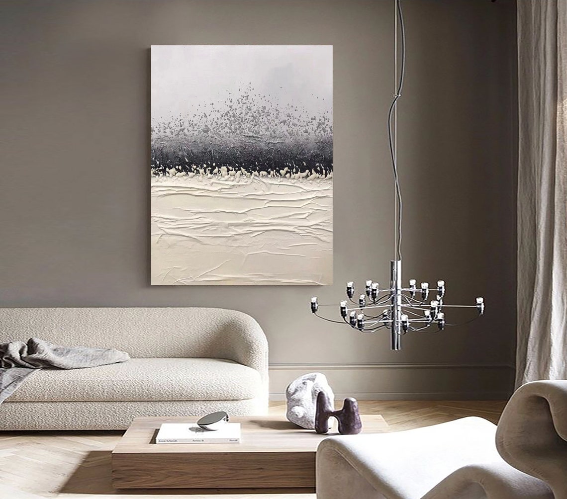 Stormy Black Band Over White Waves Textured Abstract Neutral Poster - Image 2
