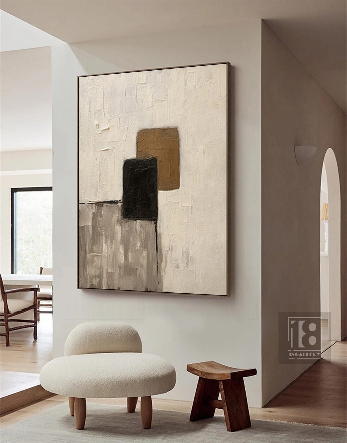 Large Creamy Beige Abstract Geometric Oil Painting Modern Wabi Sabi Wall Art Brown And Black Minimalist Wall Art Beige Textured Painting - Image 5