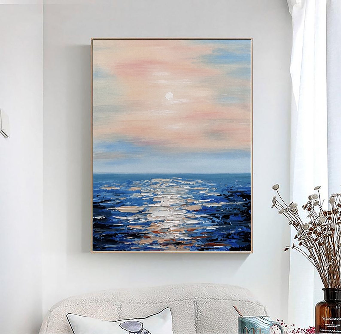 Pink Sunset Full Moon Textured Blue Ocean Seascape Abstract Poster - Image 3