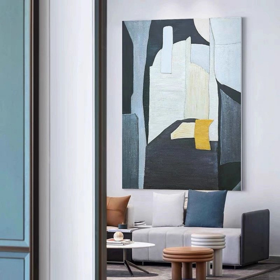 Black White Abstract With Mustard Accent Sophisticated Art Poster - Image 4
