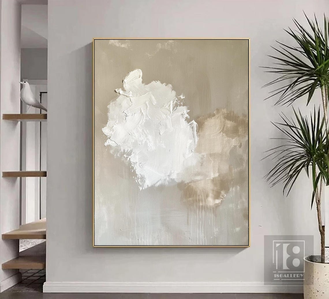Large White Cloud Abstract Painting Neutral Beige Wall Decor White Texture Wall Art Framed Oil Painting Artwork For Living Room - Image 5