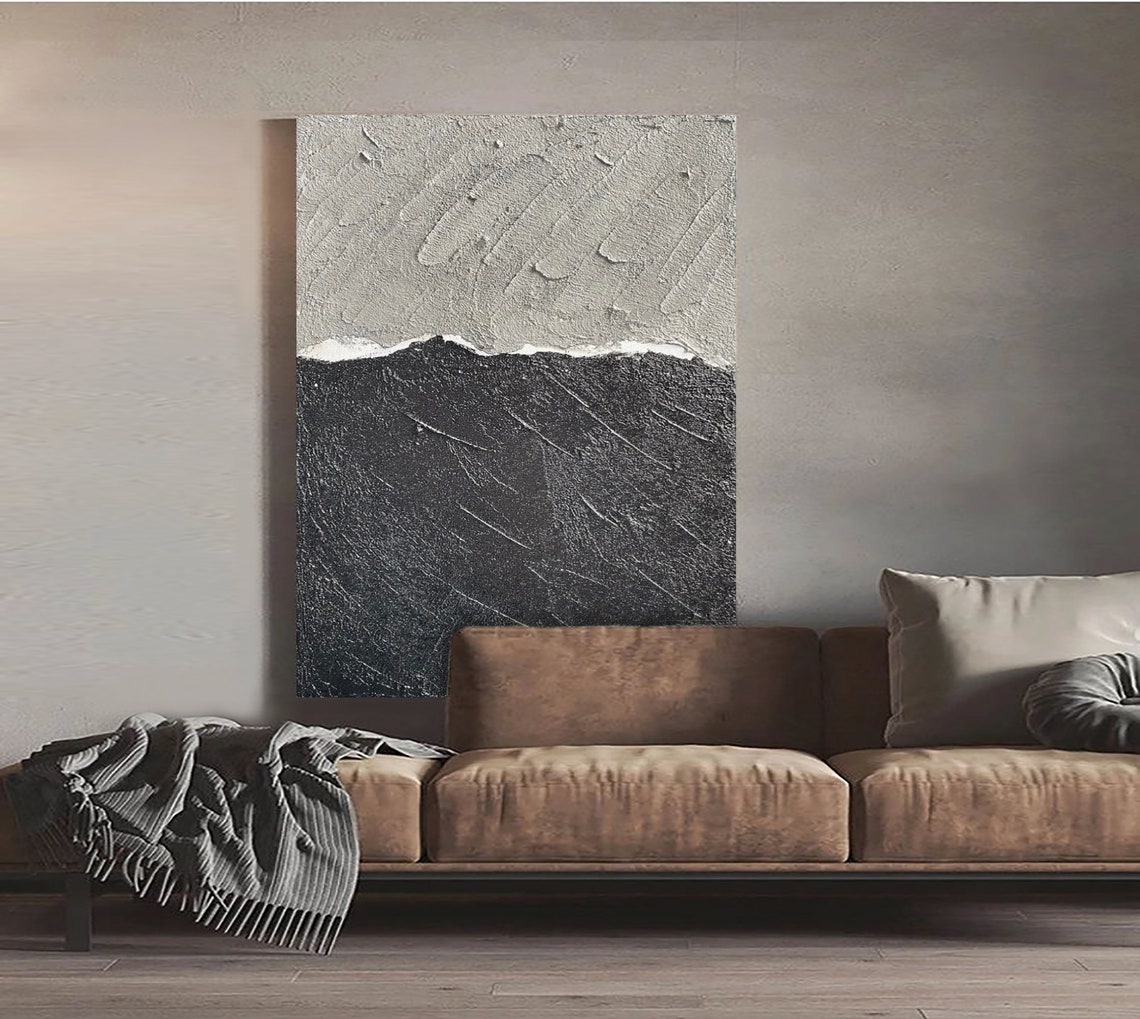 Torn Horizon Gray Sky Over Black Sea Textured Abstract Poster - Image 4