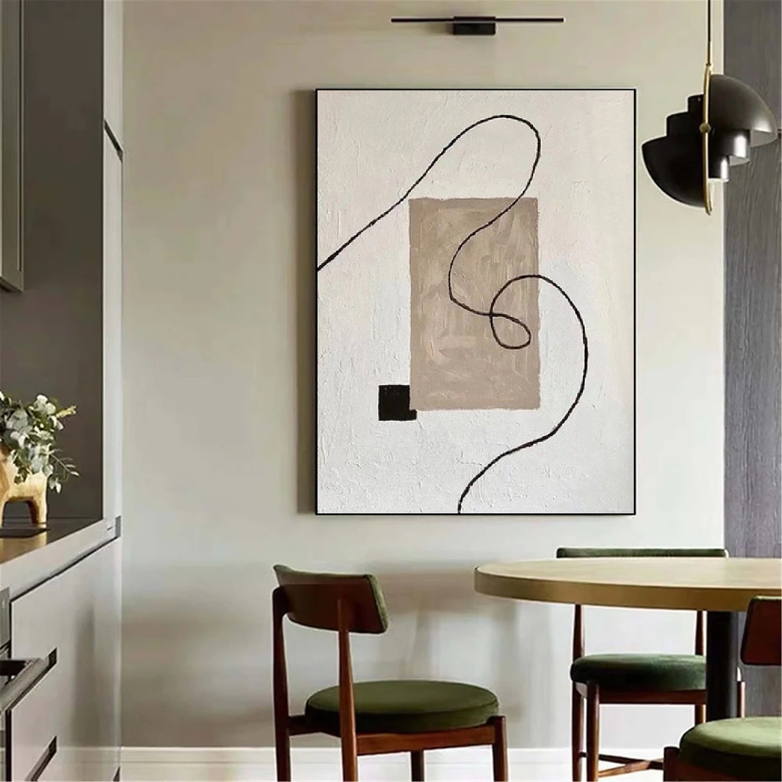 Minimalist Black Line Flow on White With Beige Block Abstract Poster - Image 4