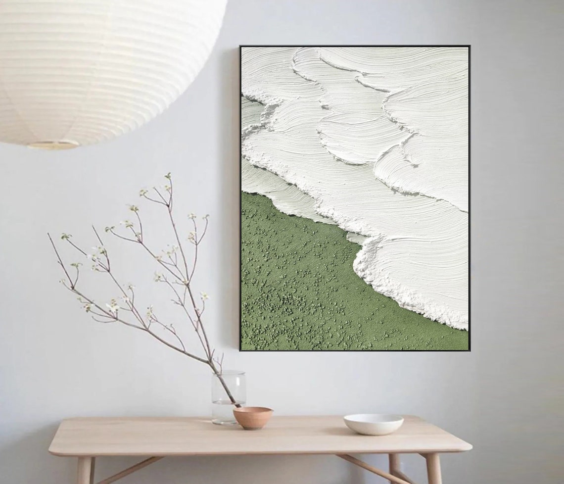 White Textured Wave Flowing Over Sage Green Abstract Painting Poster - Image 5