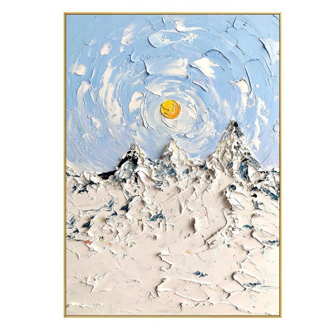 Snow Mountain Yellow Sun Impasto Blue Sky Winter Landscape Art Poster - Image 2